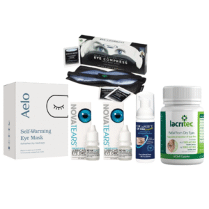 Aelo dry eye kit with self-heating mask, hot & cold compress, Ocusoft cleanser, NovaTears eye drops, and Lacritec supplements – full bundle displayed