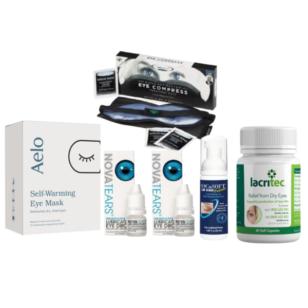 Aelo dry eye kit with self-heating mask, hot & cold compress, Ocusoft cleanser, NovaTears eye drops, and Lacritec supplements – full bundle displayed